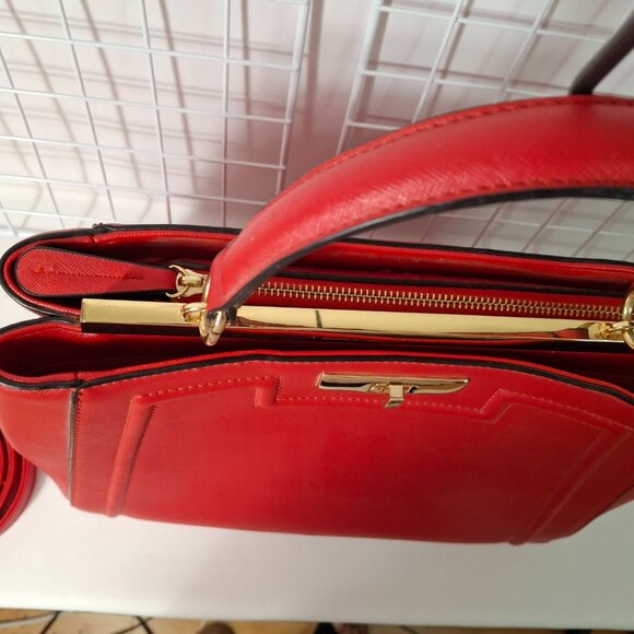 Bright Red Aldo Top Handle Structured Purse, Vegan Leather, Goldtone Hardware - Picture 3 of 16